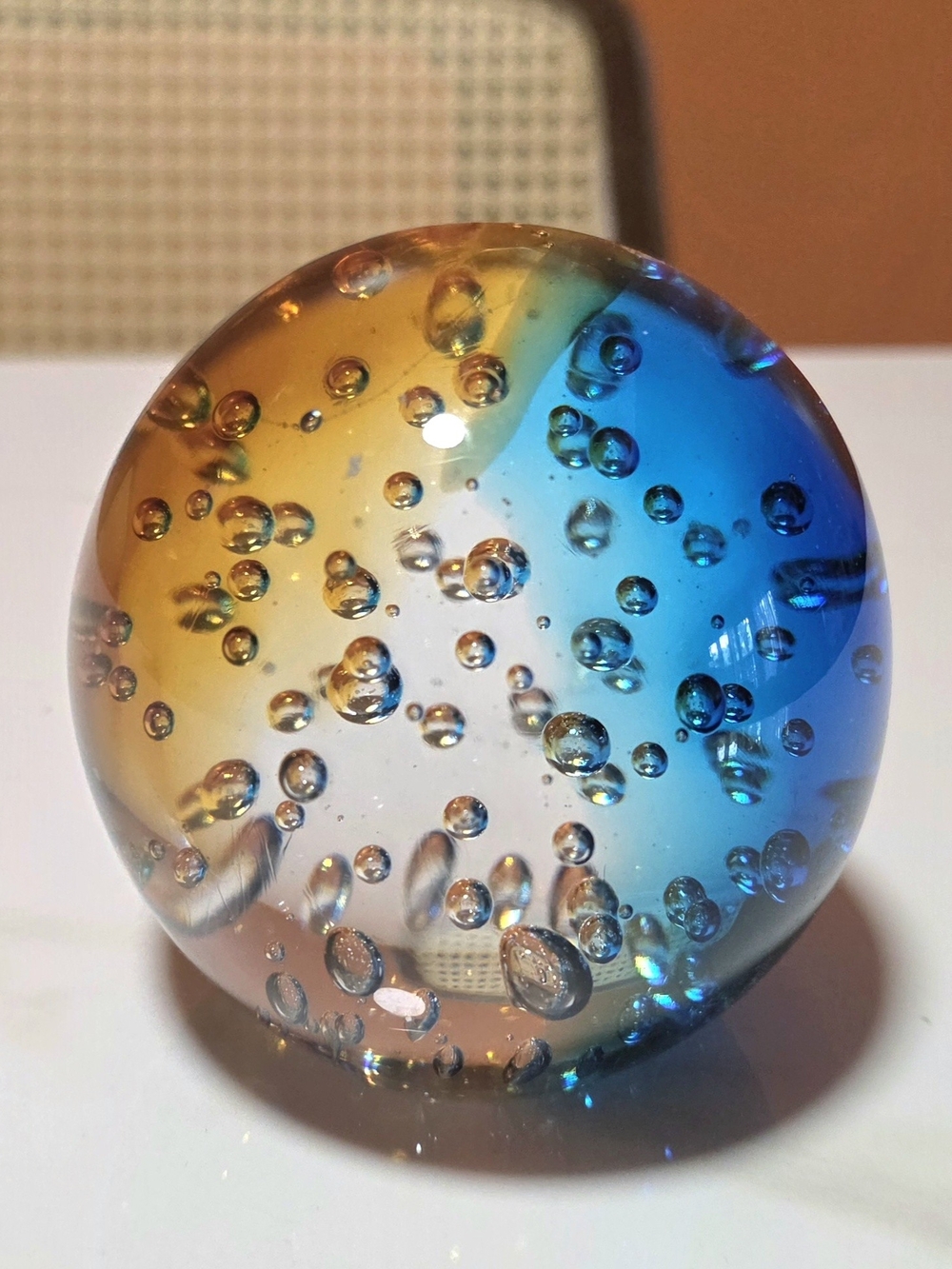 Handblown Glass Art Sphere in Blue and Amber